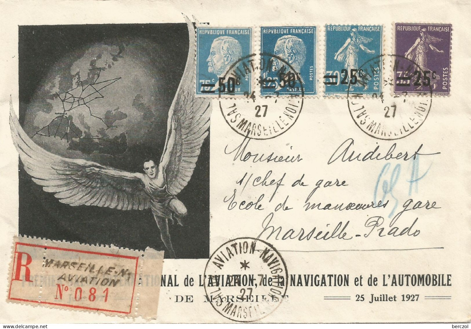 FRANCE ANNEE 1927 LR SAL0N DE L'AVIATION MARSEILLE TP N° 217,218,219,222. 24 7 27 TB  - Lettres & Documents