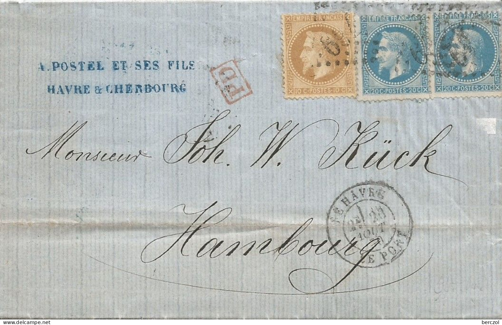 FRANCE ANNEE 1867 N°28+29x2  DU HAVRE PORT POUR HAMBOURG 20 08 70 TB - 1863-1870 Napoleon III With Laurels