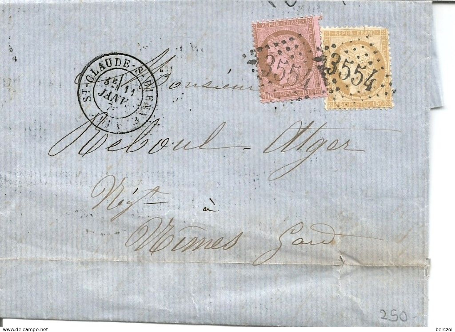 FRANCE ANNEE 1871/1873 N°58,59 SUR LETTRE DE  "Saint-Claude-sur-Bienne" 11/01/76 + DIVERS OBLIT; AU VERSO  TB - 1871-1875 Cérès