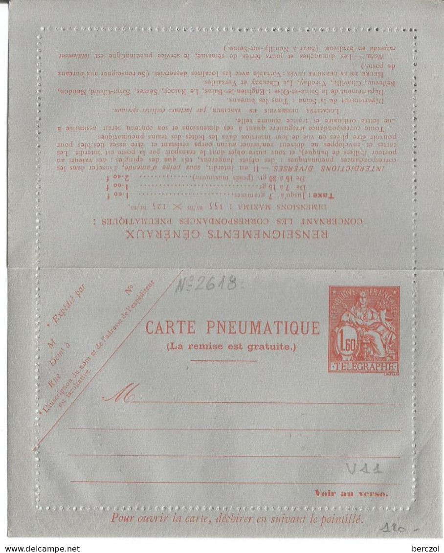 FRANCE ANNEE 1965 ENTIER TYPE CHAPELAIN PNEUMATIQUE N° 2618 CLPP NEUF **TB COTE 25,00 € - Pneumatische Post