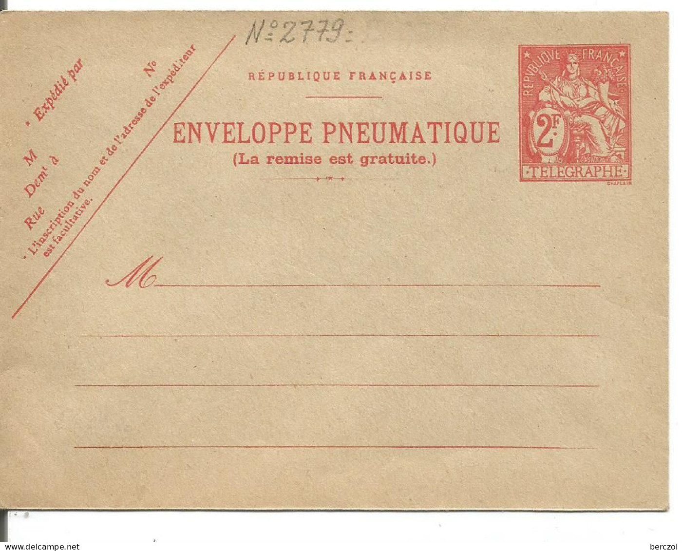 FRANCE ANNEE 1938 ENTIER TYPE CHAPELAIN PNEUMATIQUE N° 2779 EPP NEUF **TB COTE 45,00 € - Pneumatic Post
