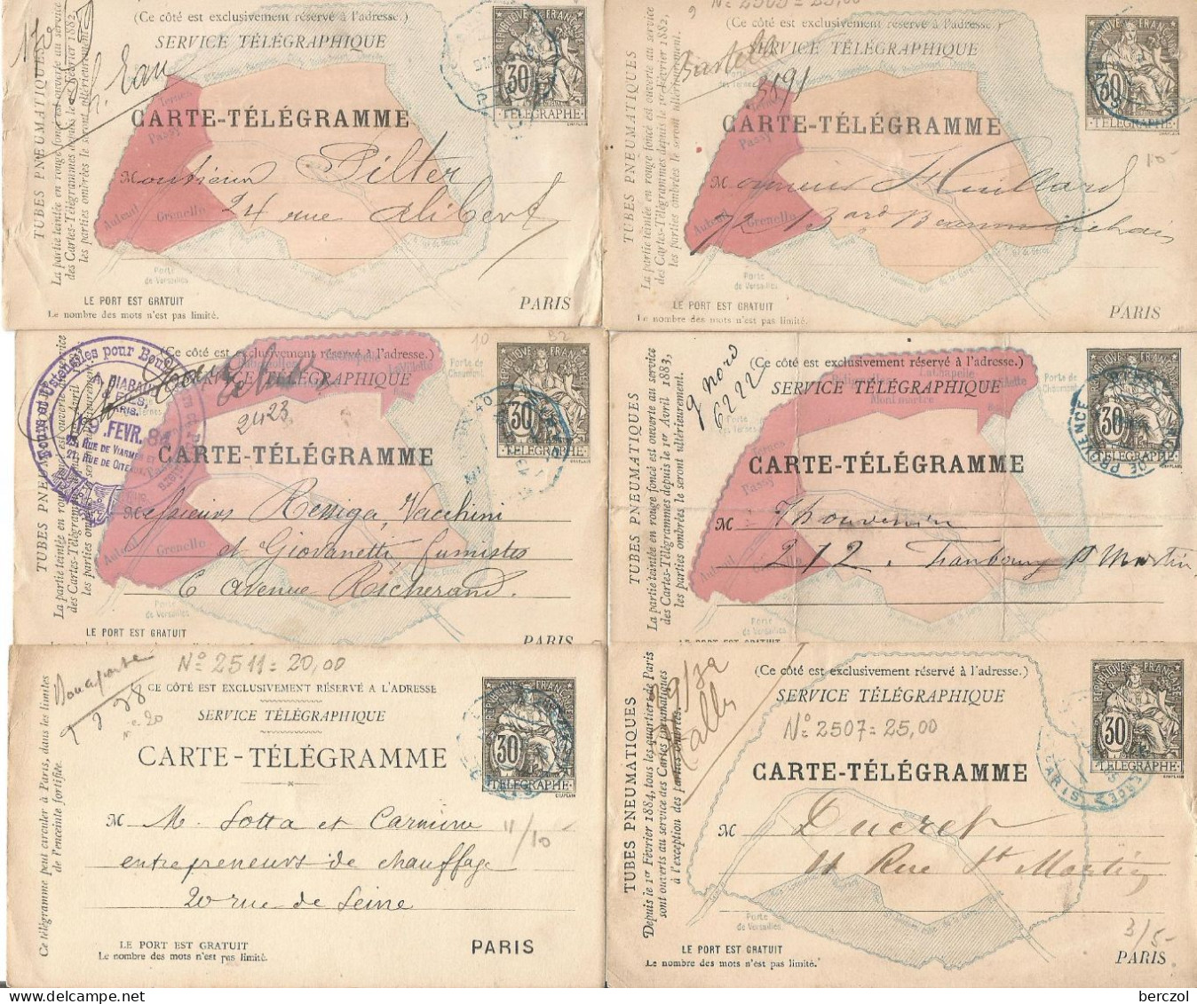 FRANCE ANNEE 1882/1894 LOT DE 6 ENTIER TYPE CHAPELAIN PNEUMATIQUE N° 2505,2506,2507,2511 CPP TB  - Pneumatici