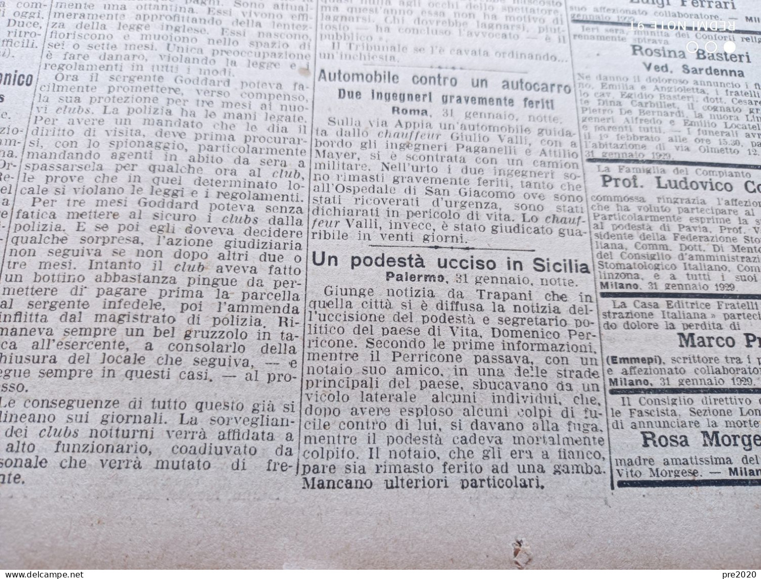CORRIERE DELLA SERA 1/2/1929 ROCCAMONFINA TRAPANI - Altri & Non Classificati