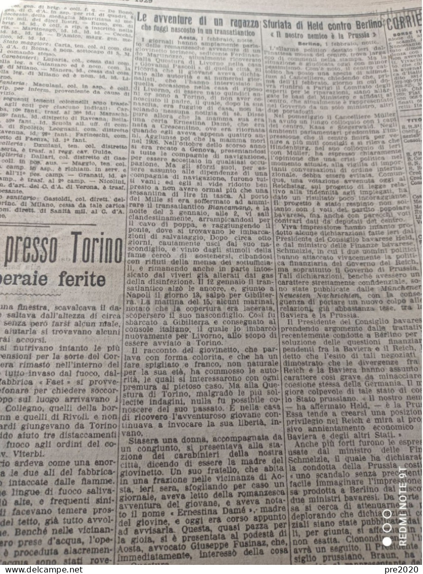 CORRIERE DELLA SERA 2/2/1929 CRESCENTINO VILLANUOVA BALTEA BUDRIO - Autres & Non Classés