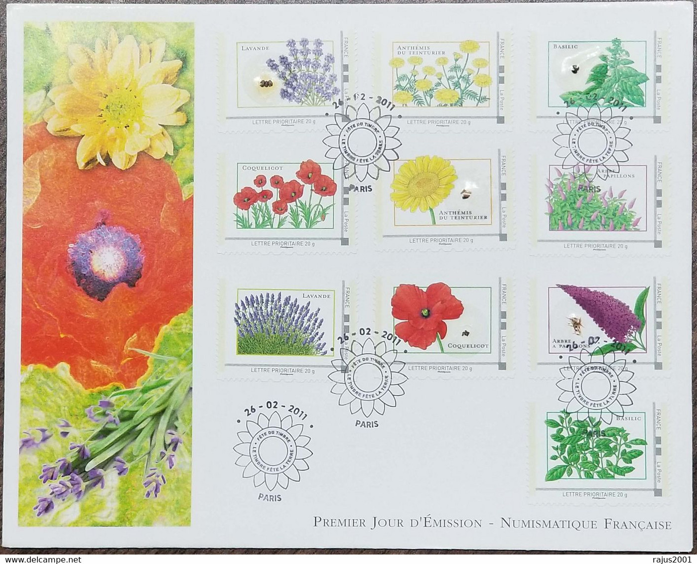 Seeds Of France, Seeds Of Lavander, Anthemis, DIFFERENT REAL FLOWER SEEDS AFFIXED ON Stamp UNUSUAL FDC 2011 - Erreurs Sur Timbres