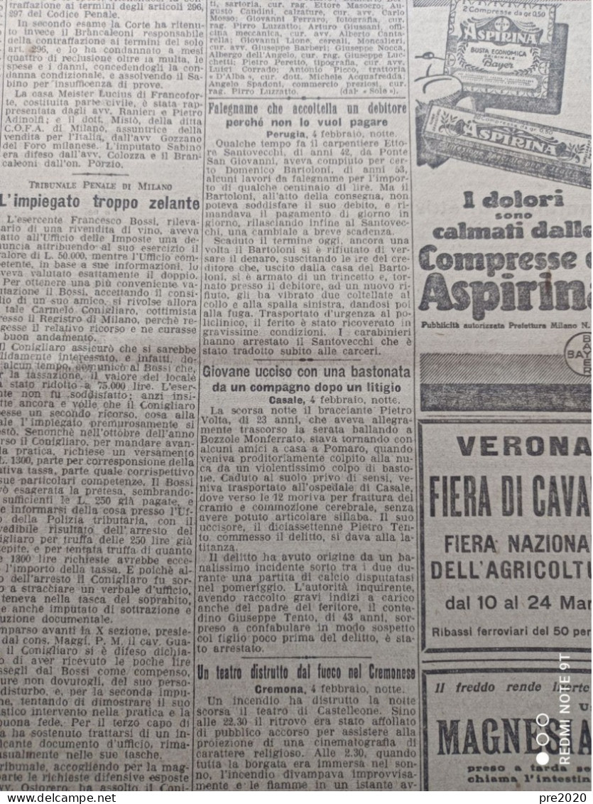 CORRIERE DELLA SERA 5/2/1929 PONTE SAN GIOVANNI POMARO CASTELLEONE ANCONA 1832 TRIBOGNA FERRANDINA - Altri & Non Classificati