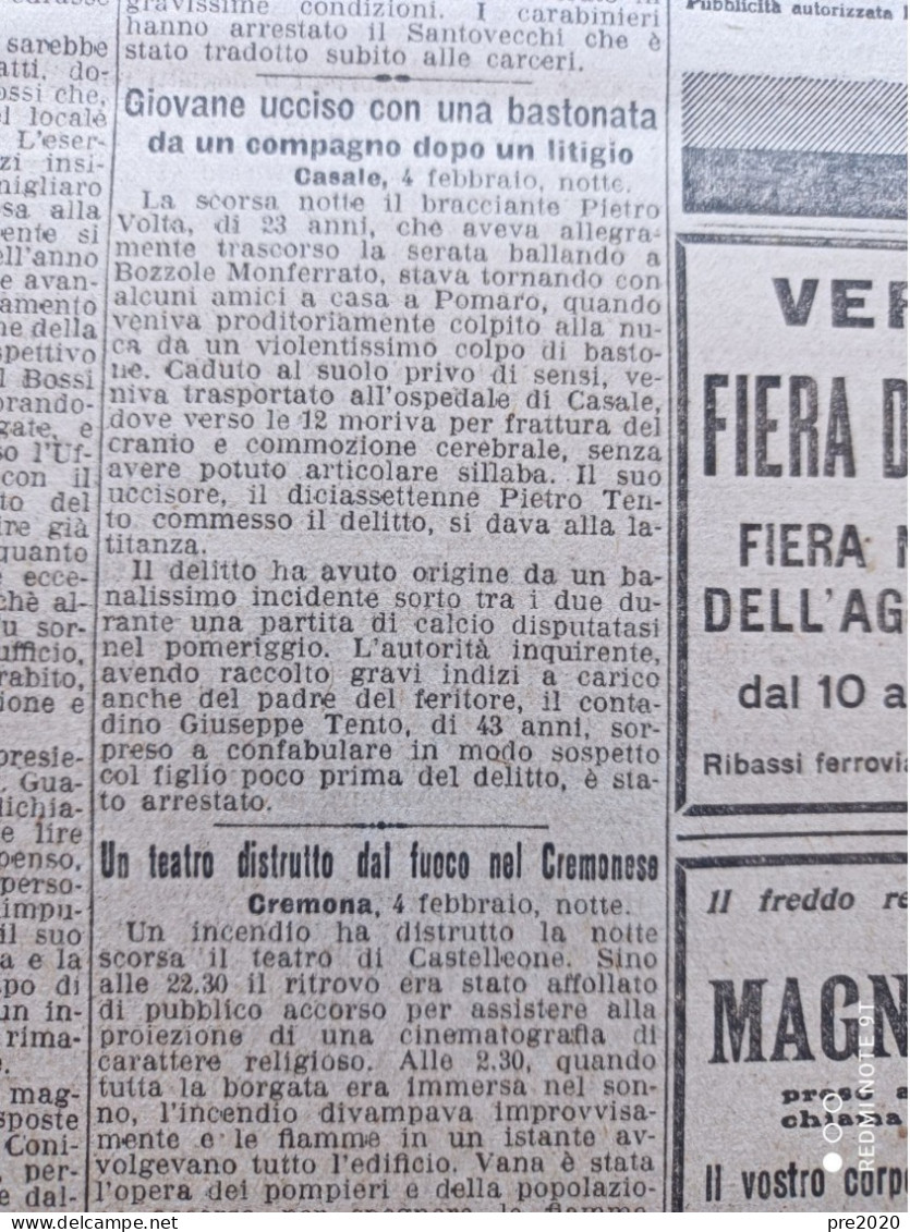 CORRIERE DELLA SERA 5/2/1929 PONTE SAN GIOVANNI POMARO CASTELLEONE ANCONA 1832 TRIBOGNA FERRANDINA - Altri & Non Classificati