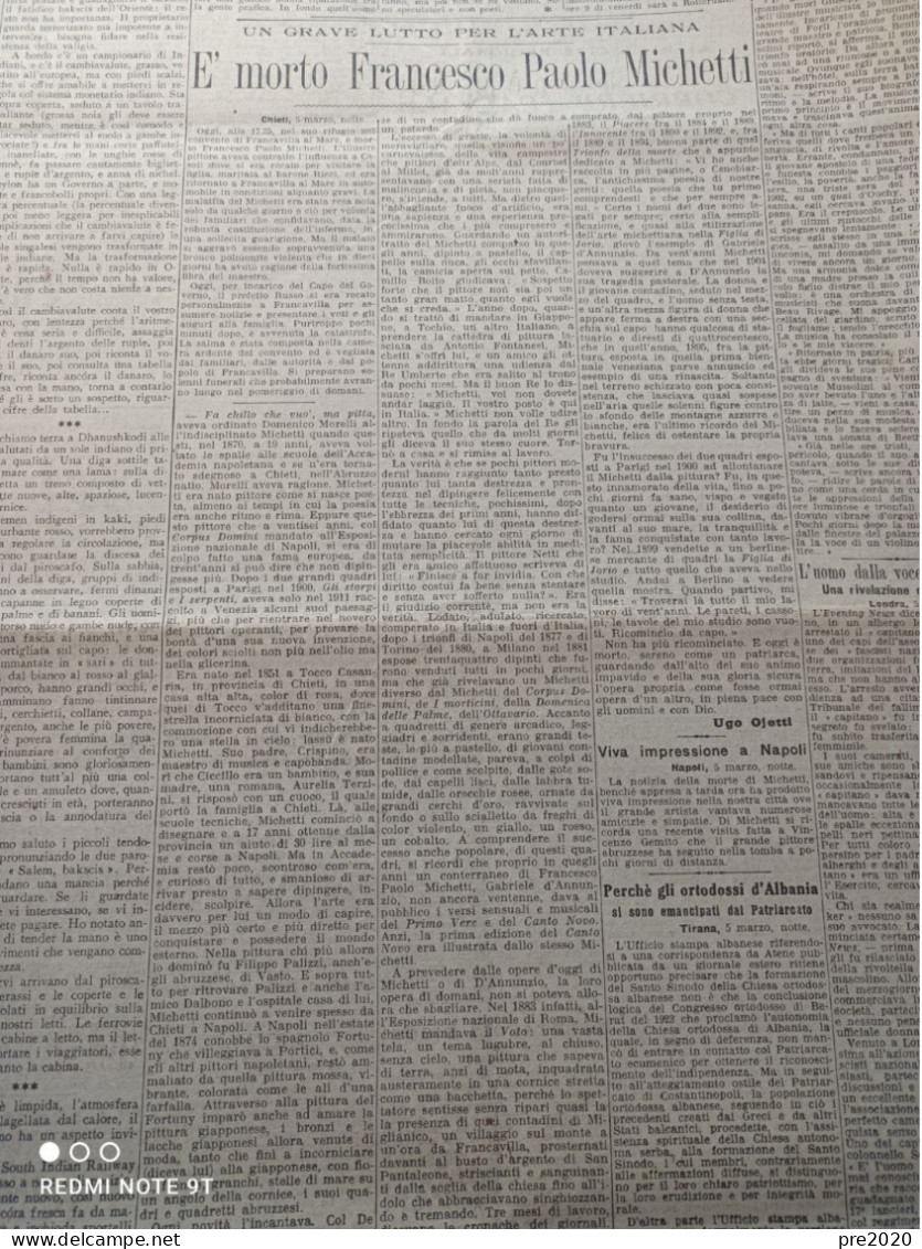 CORRIERE DELLA SERA 1929 MORTE DI FRANCESCO PAOLO MICHETTI FRANCAVILLA A MARE TOCCO DA CASAURIA BOLOTANO SASSARI - Otros & Sin Clasificación