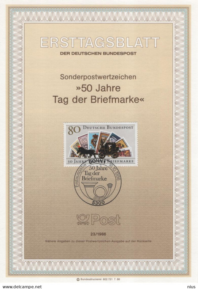 Germany Deutschland 1986-23 50 Jahre Tag Der Briefmarke, Stamp Day Stamps, Horse Horses, Canceled In Bonn - 1981-1990