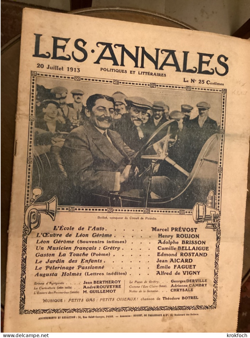 Les Annales 1913 - Promotion Des « gens De Lettres » - Rostand Botrel Grégory - Auto Circuit De Picardie - Sonstige & Ohne Zuordnung