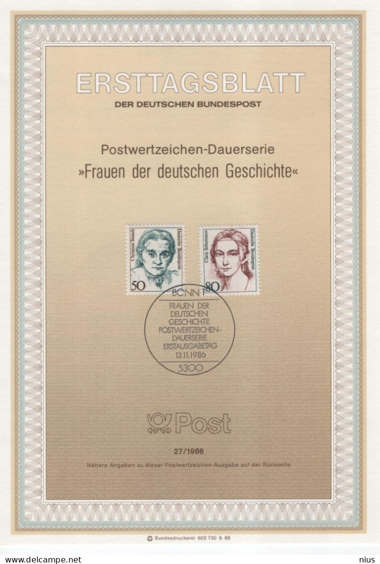 Germany Deutschland 1986-27 Frauen Der Deutschen Geschichte, Christine Teusch, Clara Schumann, Canceled In Bonn - 1981-1990
