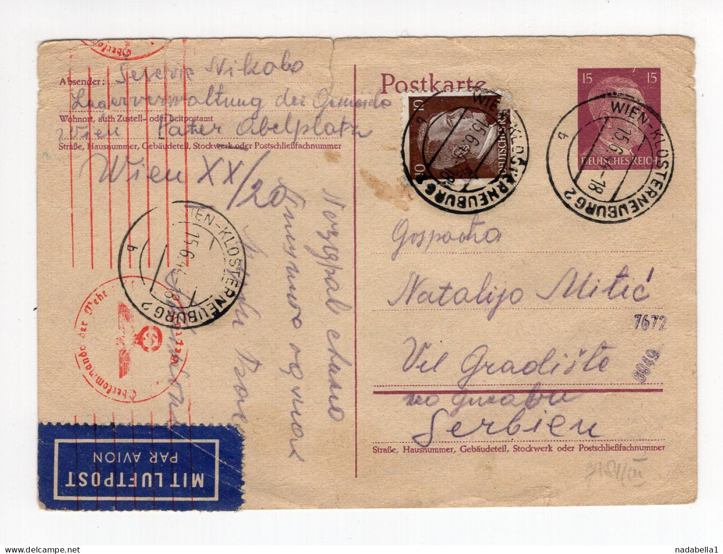 1944. GERMANY,VIENNA - KLOSTERNEUBURG TO SERBIA,AIRMAIL STATIONERY CARD,USED - Poste Aérienne & Zeppelin