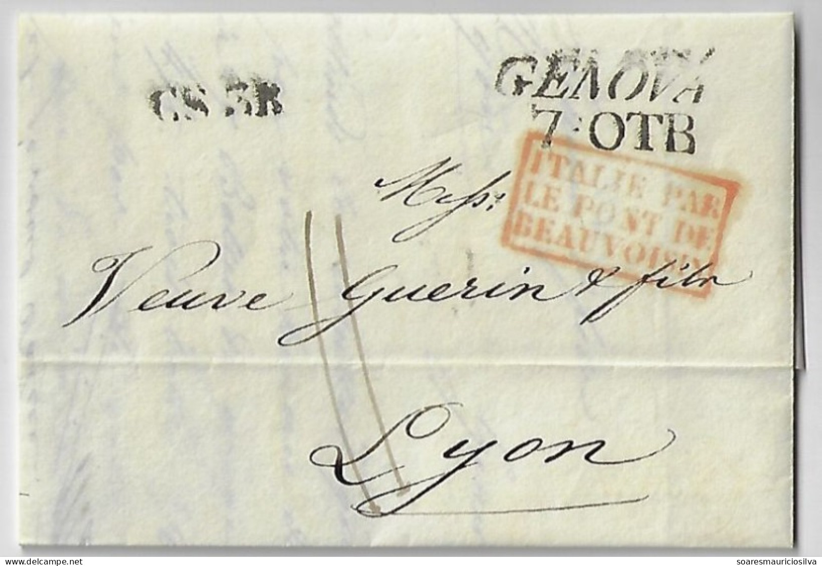 1838 Complete Fold Cover Genova To Lyon France Handwritten Postage Rate 11 Cancel Italy By Le Pont-de-Beauvoisin CS.3R - 1. ...-1850 Prephilately