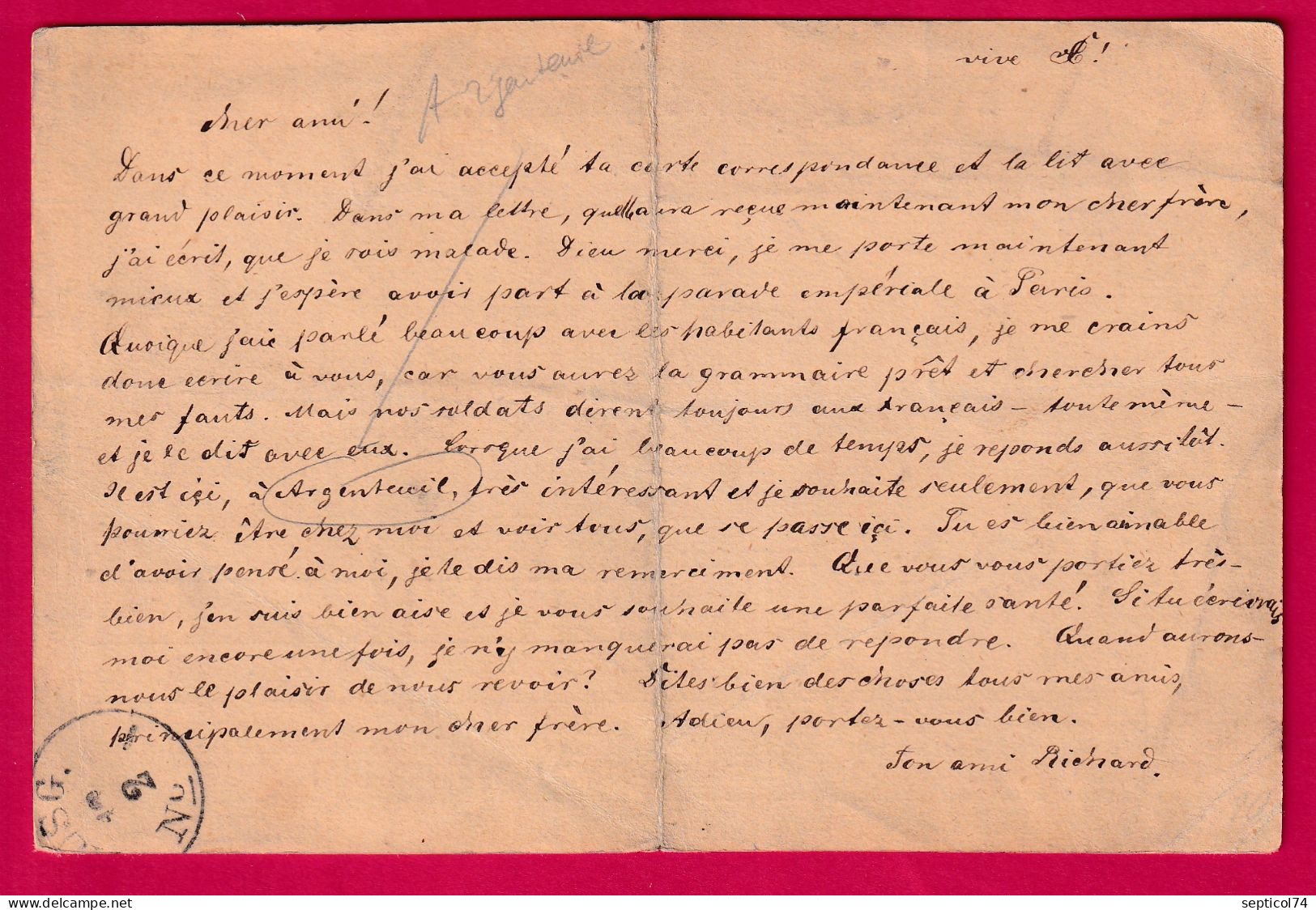 GUERRE 1870 CORRESPONDENZ KARTE FELD POST RELAIS ARGENTEUIL SEINE ET OISE SONDERSHAUSSEN ALLEMAGNE PRUSSE LETTRE - Guerra Del 1870