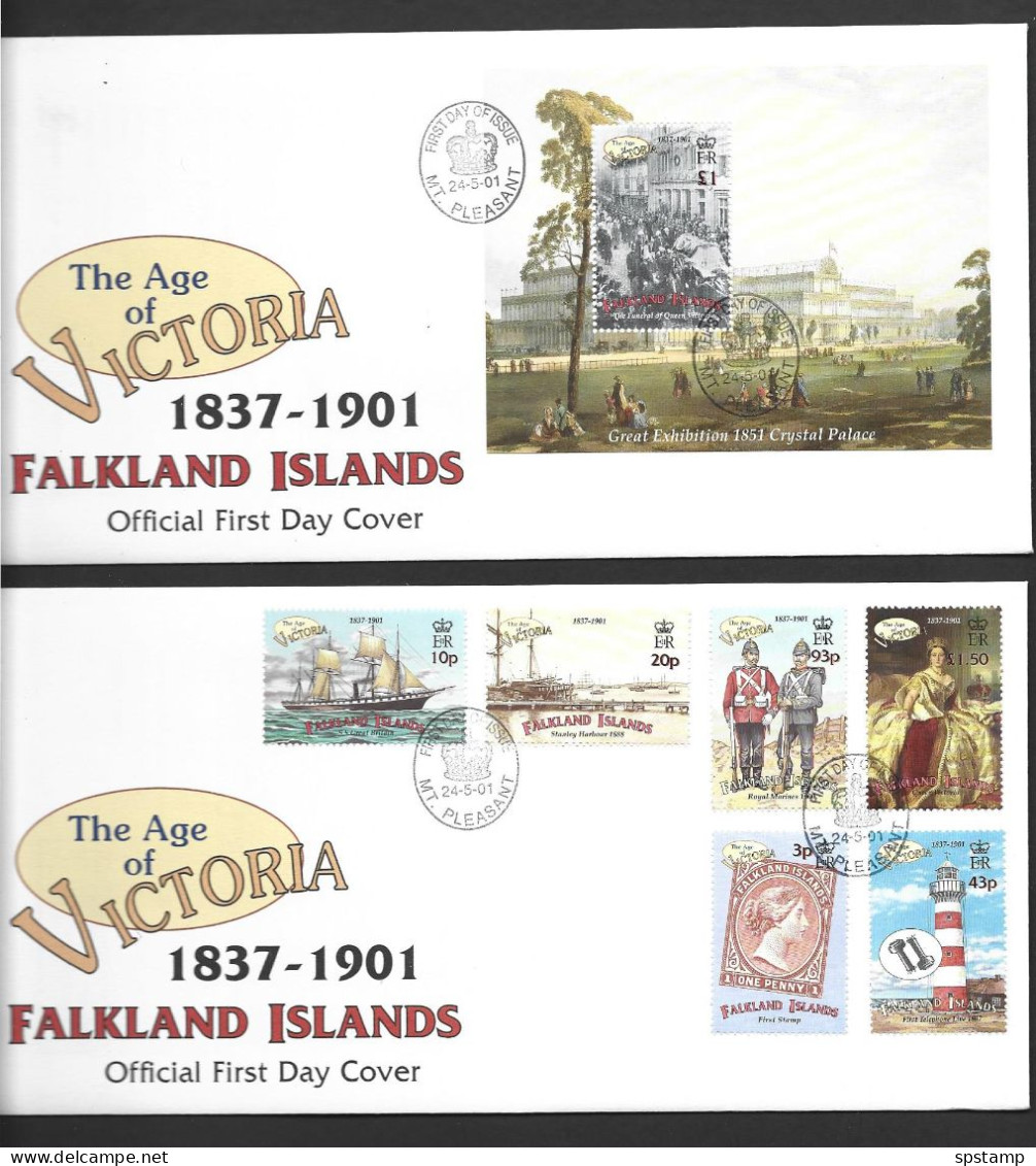 Falkland Islands 2001 Age Of Victoria Set Of 5 & Miniature Sheet On 2 Illustrated FDC Official Unaddressed - Falkland Islands