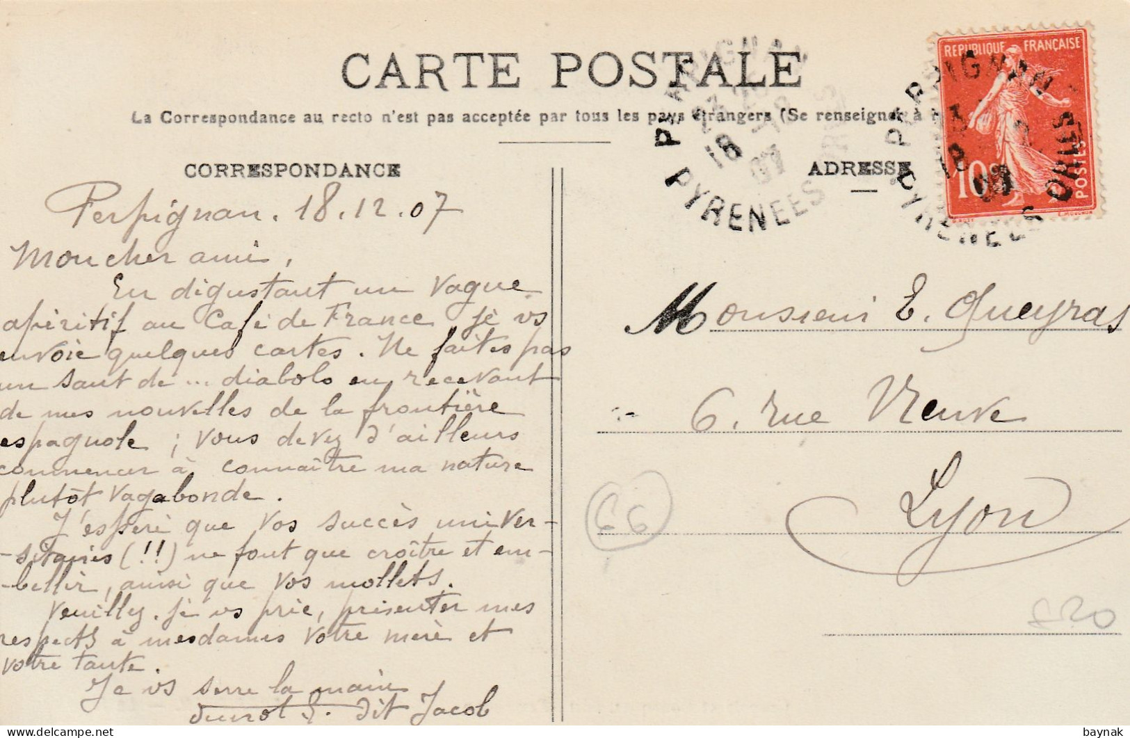 FR3122  --  PERPIGNAN  --  CASSOLY ET BOUSQUET   --  LA LOGE  --  GRAND CAFE DE FRANCE  --   1907 - Perpignan
