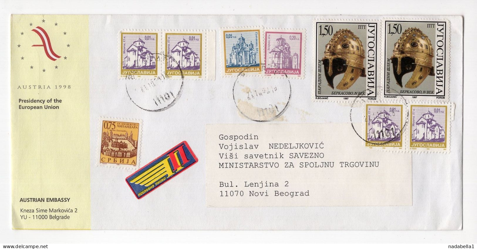 1998. YUGOSLAVIA,SERBIA,BELGRADE LOCO,AUSTRIAN EMBASSY ILLUSTRATED COVER,AUSTRIA 1998 EU PRESIDENCY - Storia Postale