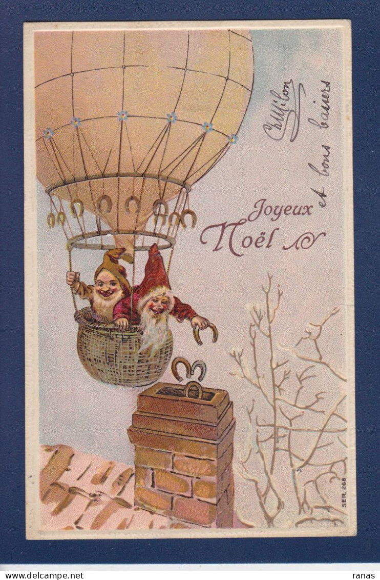 CPA Père Noël Gnome Aviation Montgolfière Dessinateur Humour Circulée Gaufrée - Luchtballon