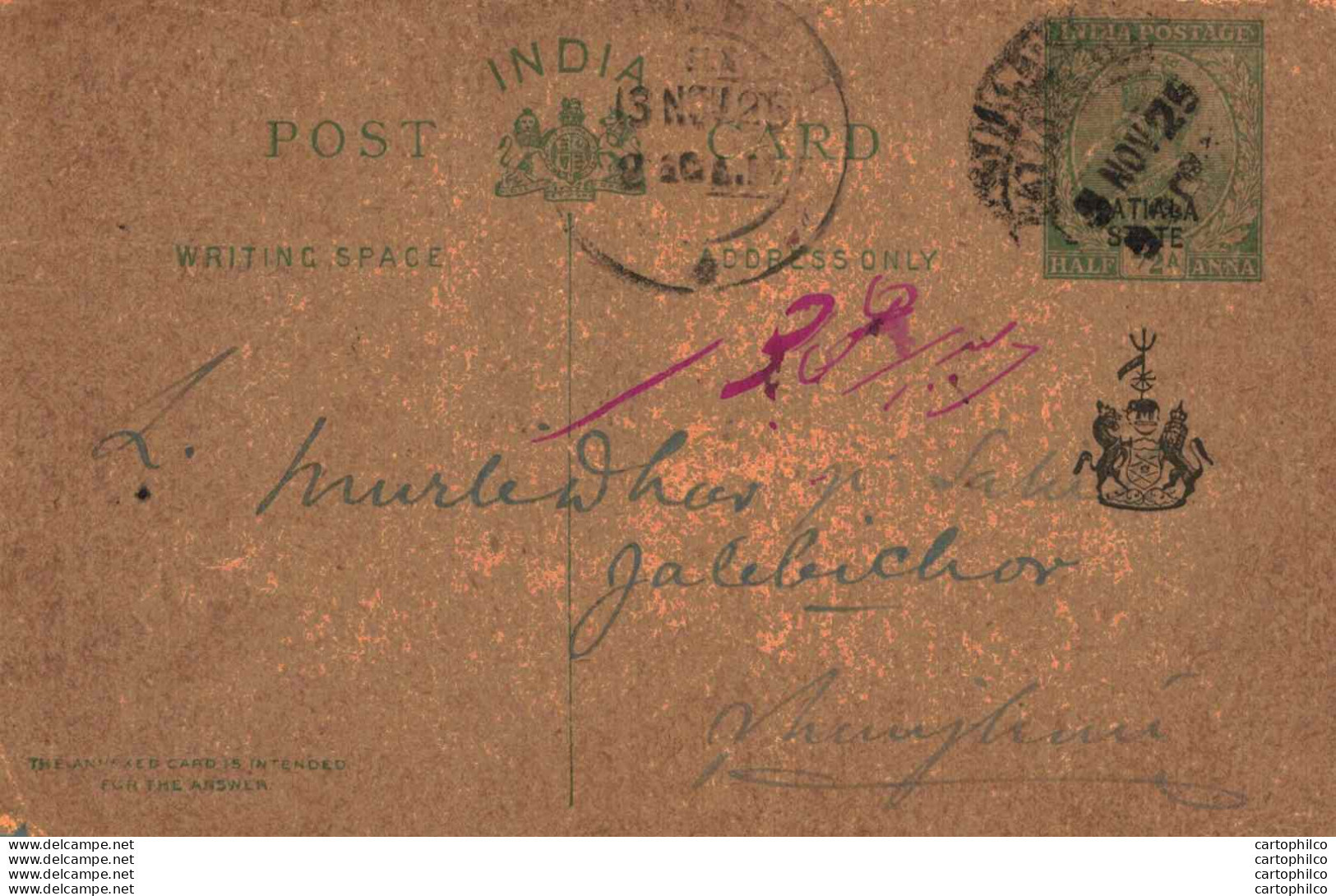 India Postal Stationery Patiala State 1/2 A To Jhunjhunu - Patiala