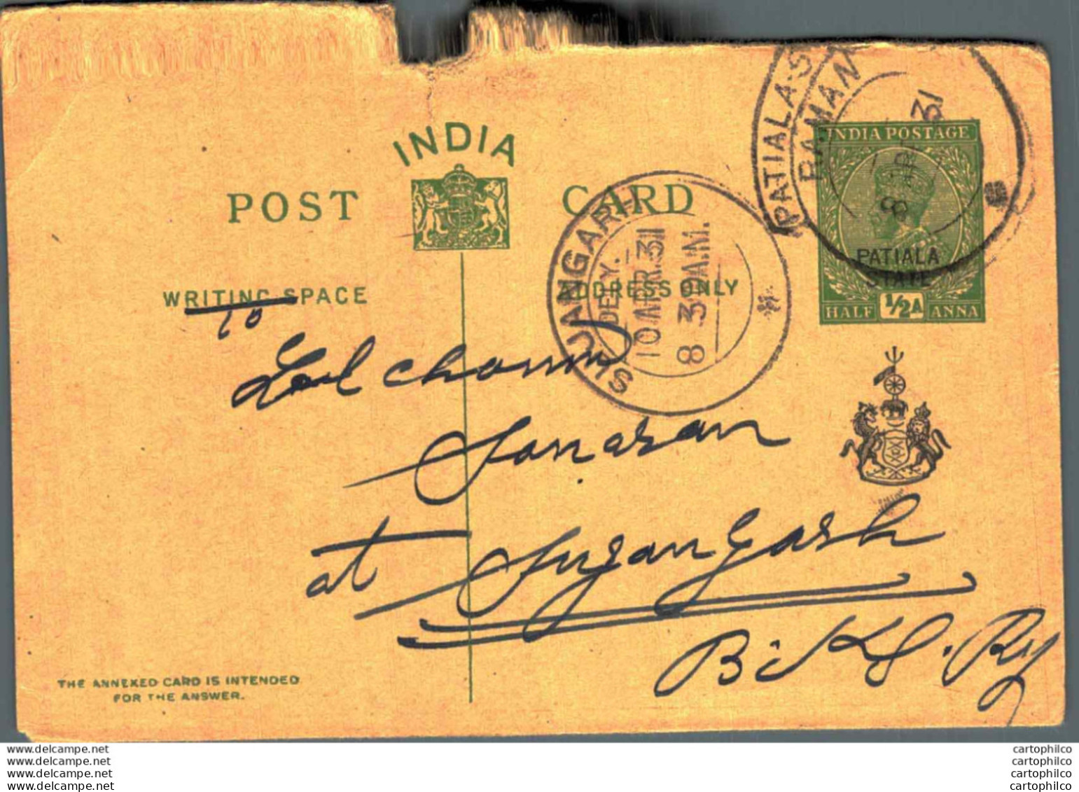 India Postal Stationery Patiala State 1/2 A Sujangarh Cds Raman Cds - Patiala