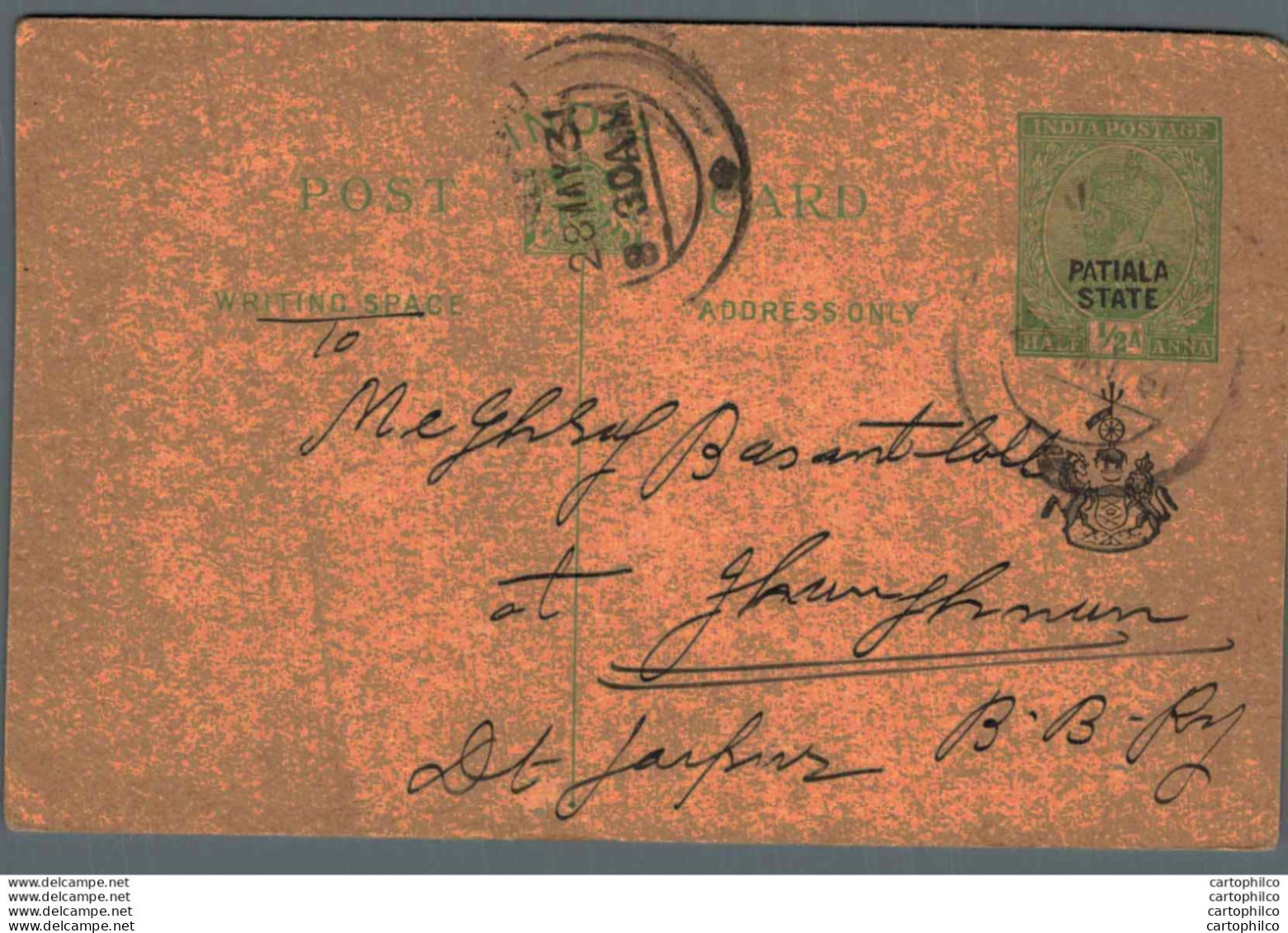 India Postal Stationery Patiala State 1/2 A To Jaipur - Patiala