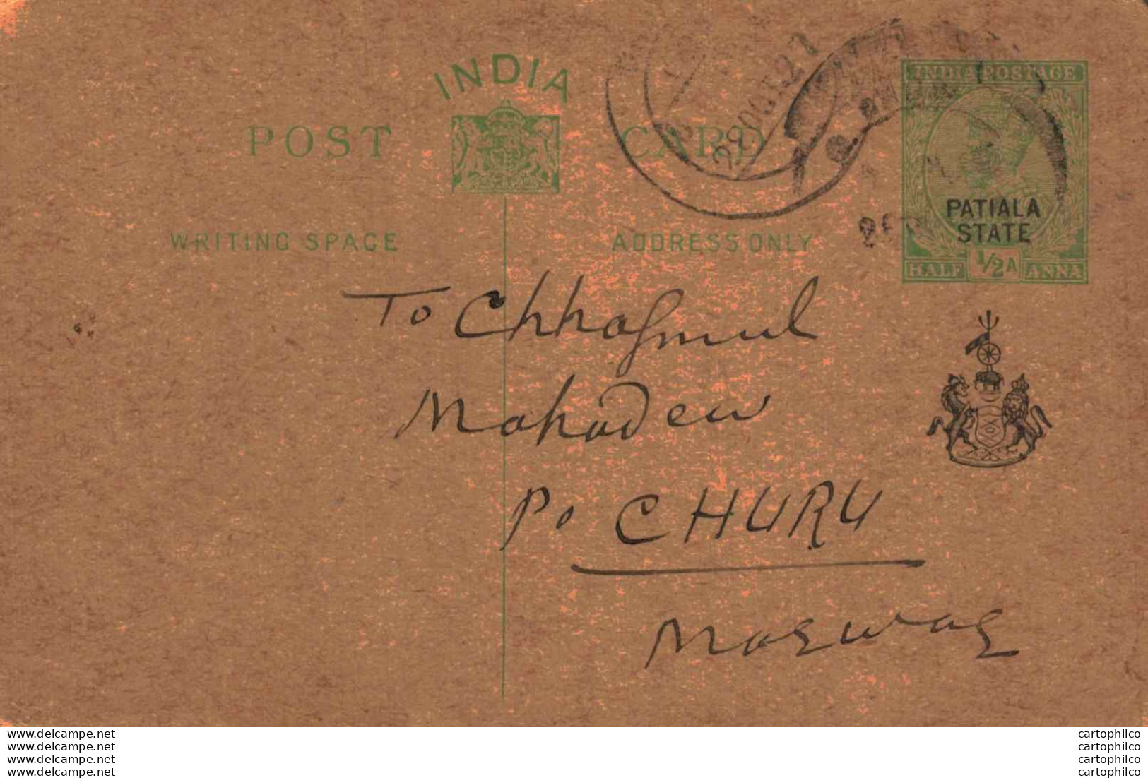 India Postal Stationery Patiala State 1/2 A To Churu - Patiala