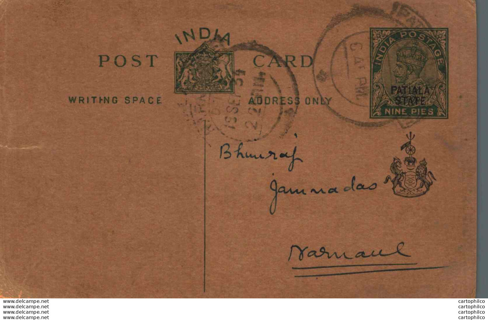 India Postal Stationery Patiala State 9p To Narnaul - Patiala