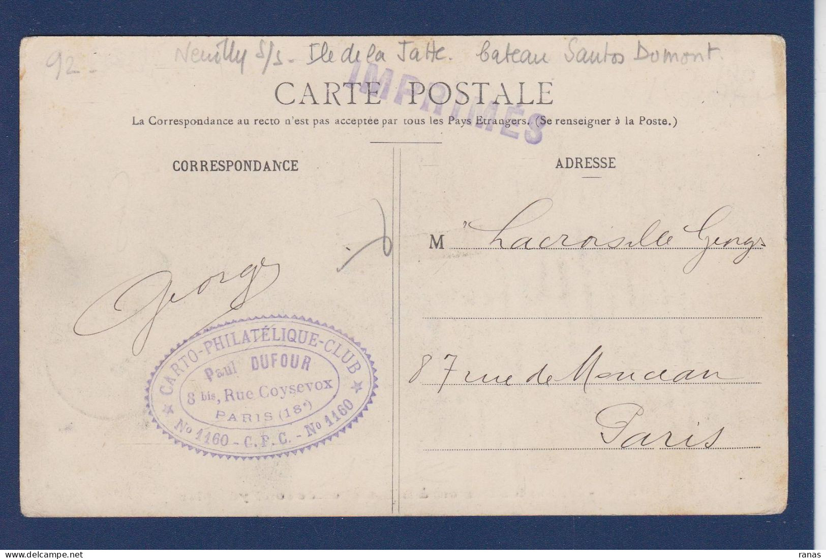 CPA Sur La Carte Postale Cachet CPC Circulée Dos Santos Dumont - Publicité