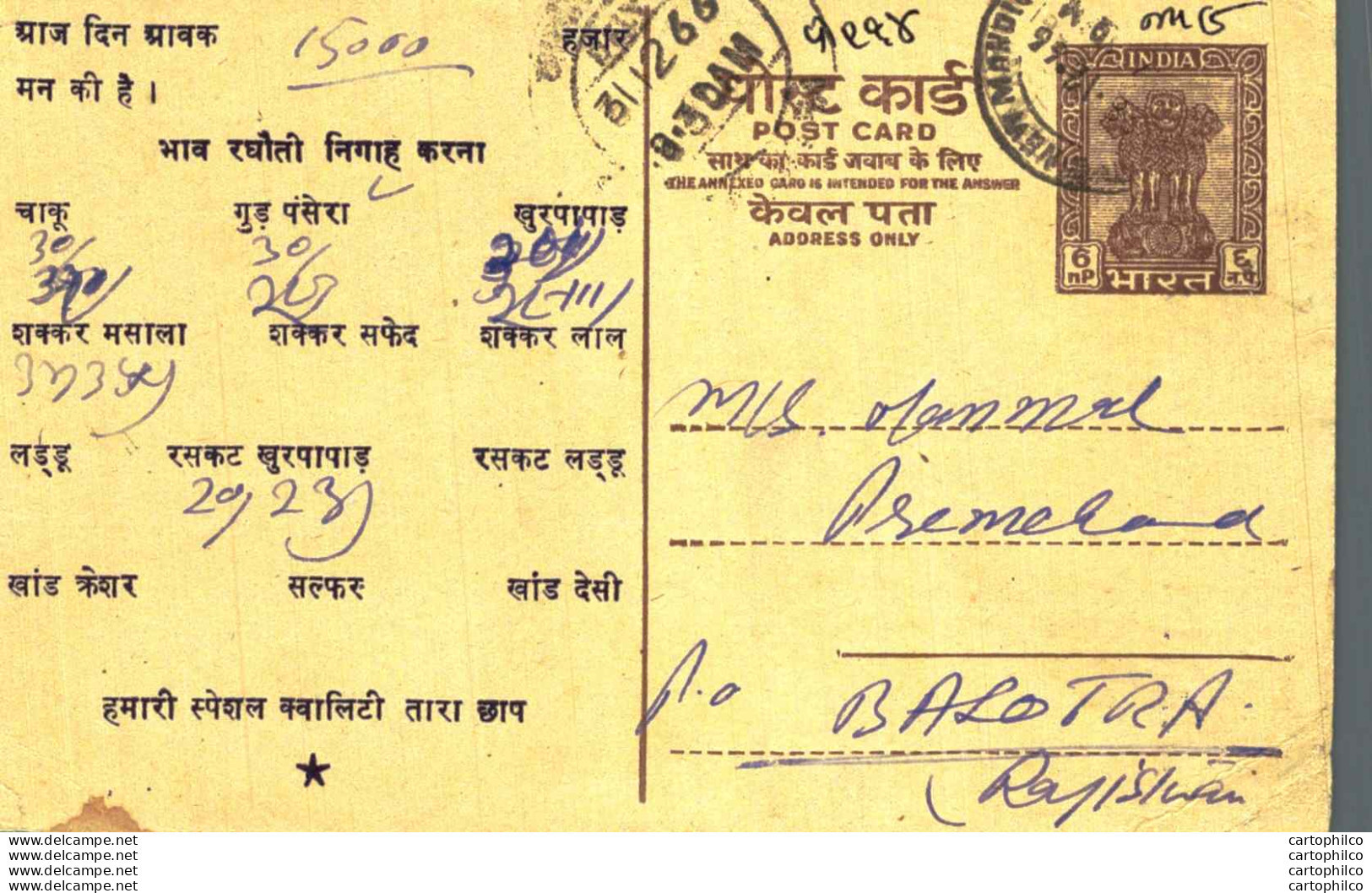 India Postal Stationery Ashoka 6p To Balotra Hukam Chand Dwarka Nath Muzaffarnagar - Postcards