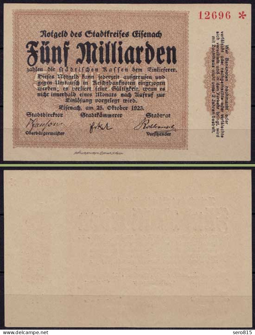 Thüringen Stadtkreis Eisenach 5 Milliarden Mark 1923 UNC    (ca694 - Autres & Non Classés