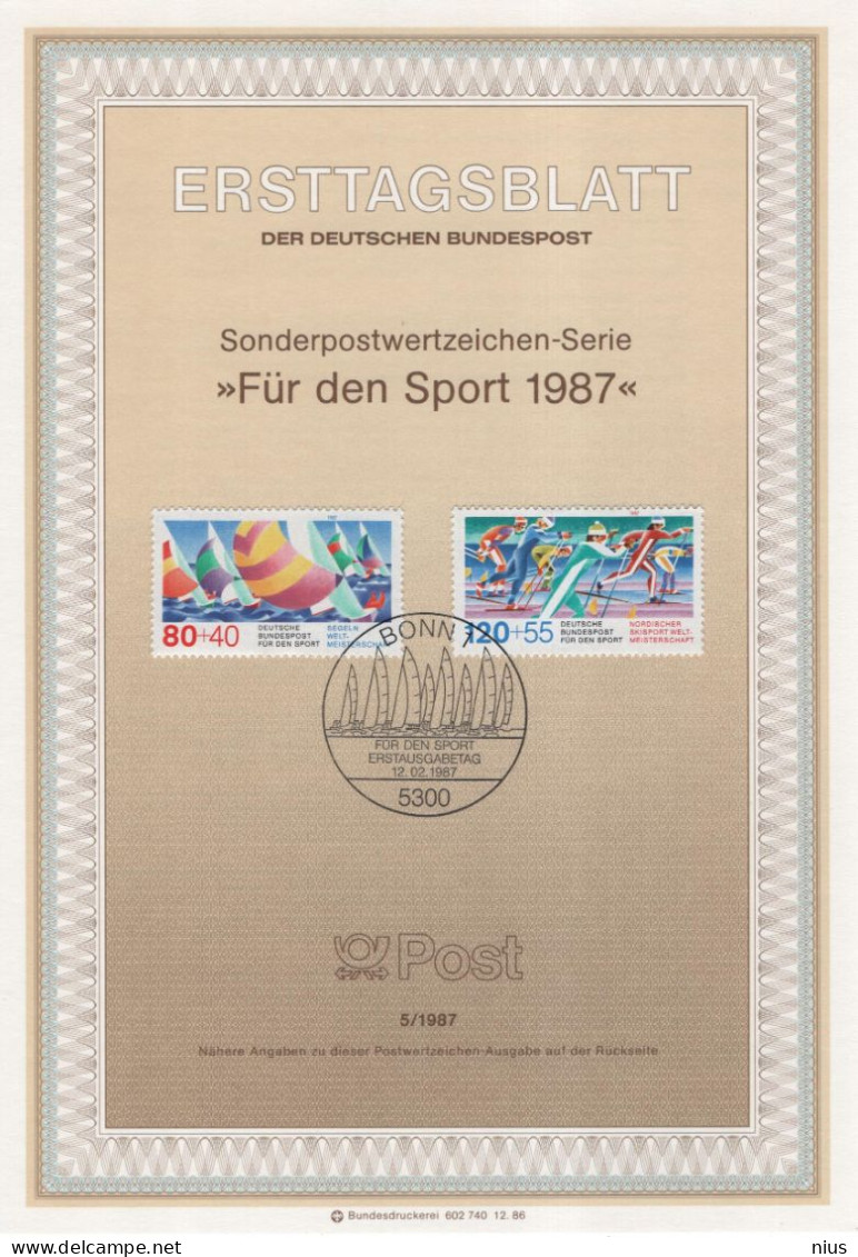 Germany Deutschland 1987-5 Fur Den Sport, Segeln Sailing Nordischer Skisport Nordic Skiing, Canceled In Bonn - 1981-1990