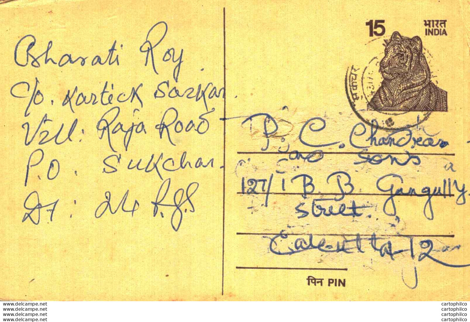 India Postal Stationery Tiger 15 To Calcutta - Cartoline Postali