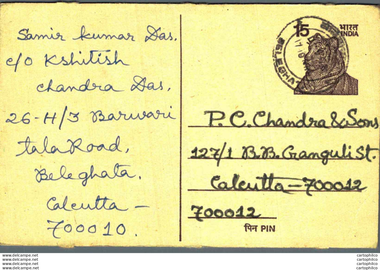 India Postal Stationery Tiger 15 To Calcutta - Cartoline Postali