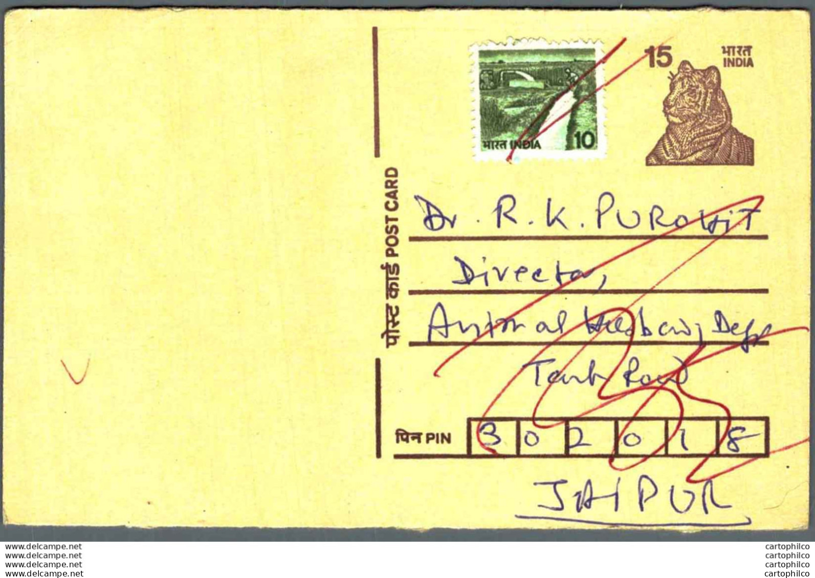 India Postal Stationery Tiger 15 To Jaipur - Postales