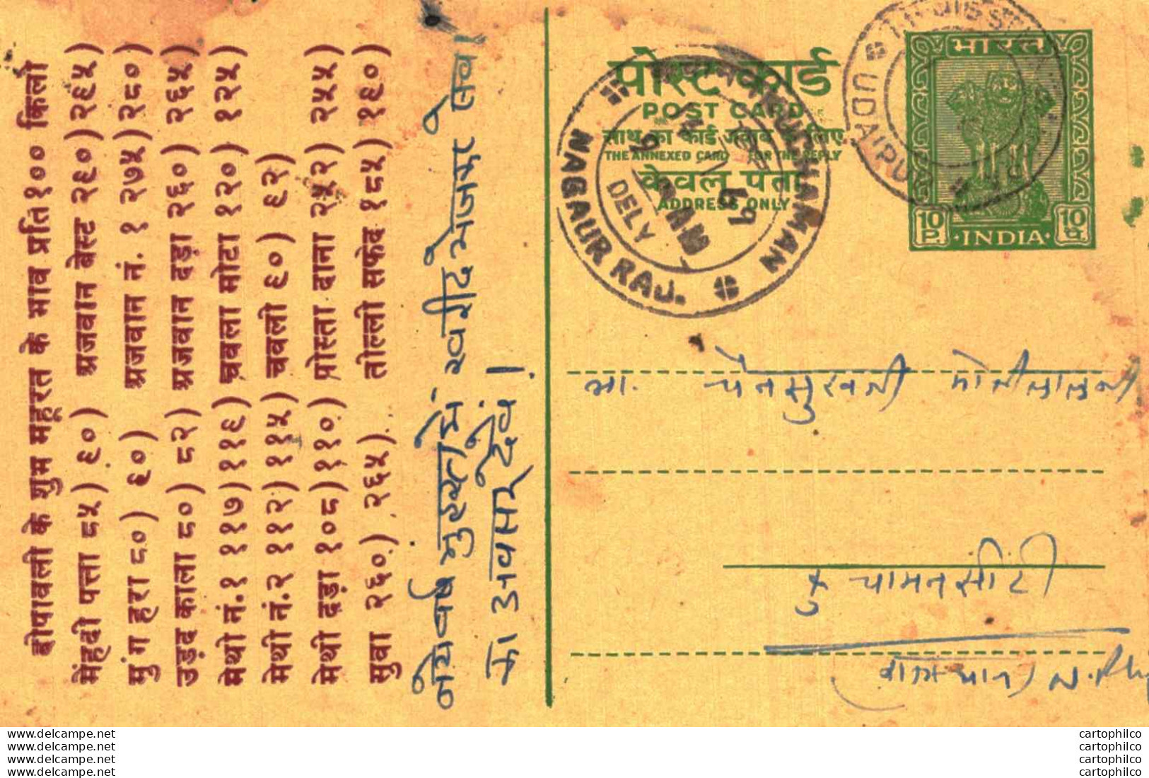 India Postal Stationery Ashoka 10ps Nagaur Raj Cds - Postcards