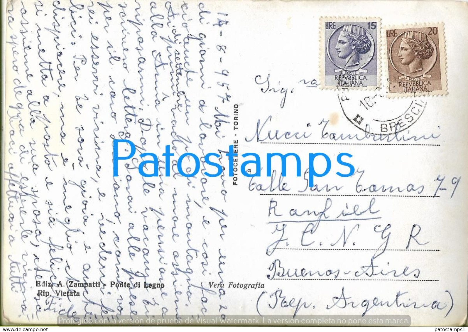 228242 ITALY PONTE DE LEGNO VIEW PARTIAL CIRCULATED TO ARGENTINA POSTAL POSTCARD - Sonstige & Ohne Zuordnung