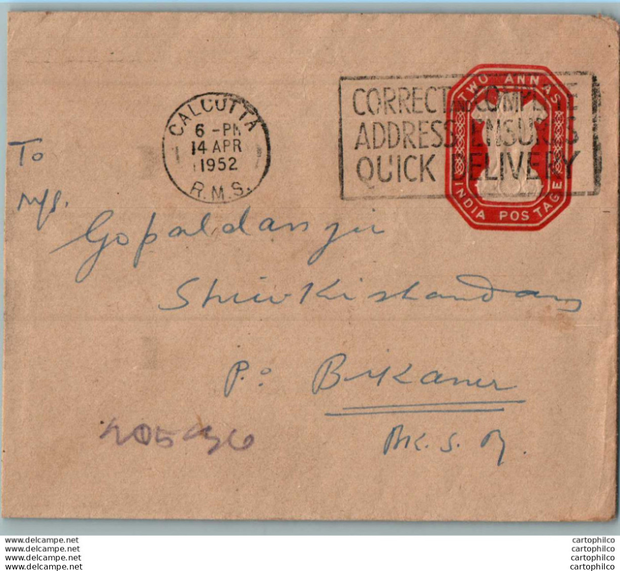 India Postal Stationery Ashoka Tiger 2A Calcutta Cds To Bikaner - Postkaarten