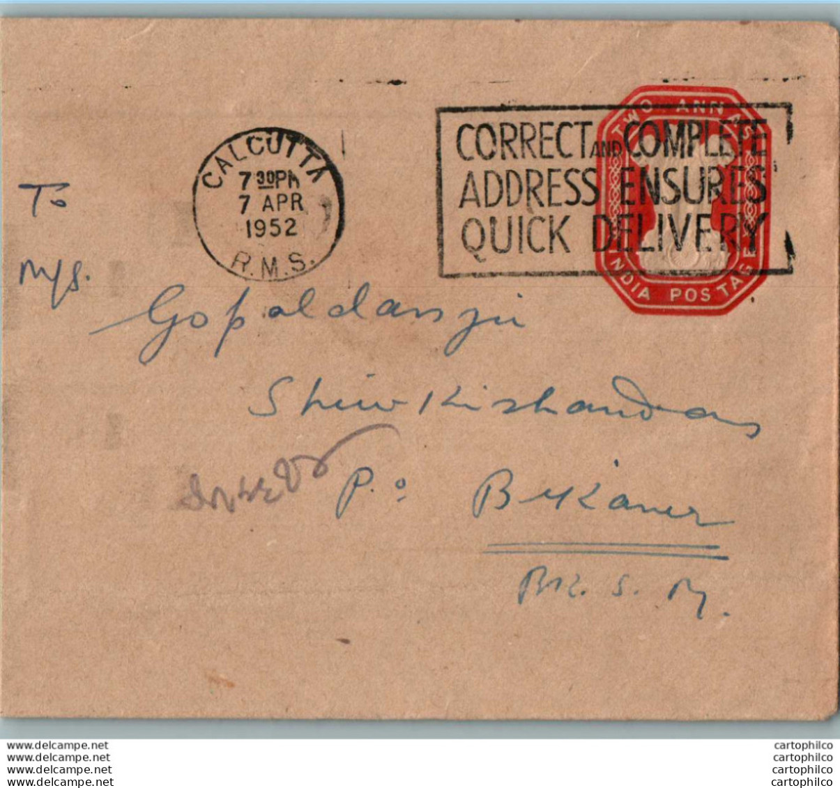 India Postal Stationery Ashoka Tiger 2A Calcutta Cds To Bikaner - Postcards