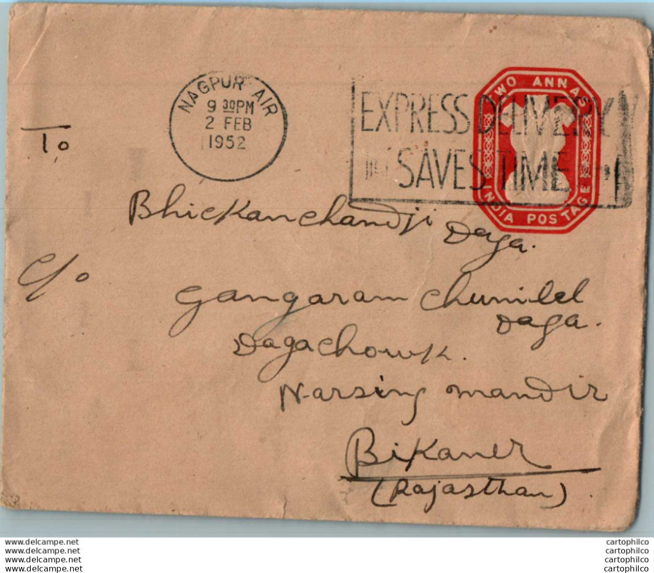 India Postal Stationery Ashoka Tiger 2A Nagpur Cds To Bikaner - Postkaarten