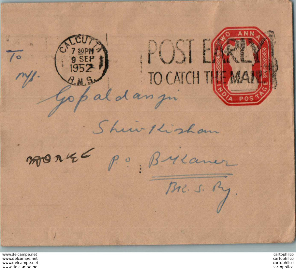 India Postal Stationery Ashoka Tiger 2A Calcutta Cds To Bikaner - Postcards