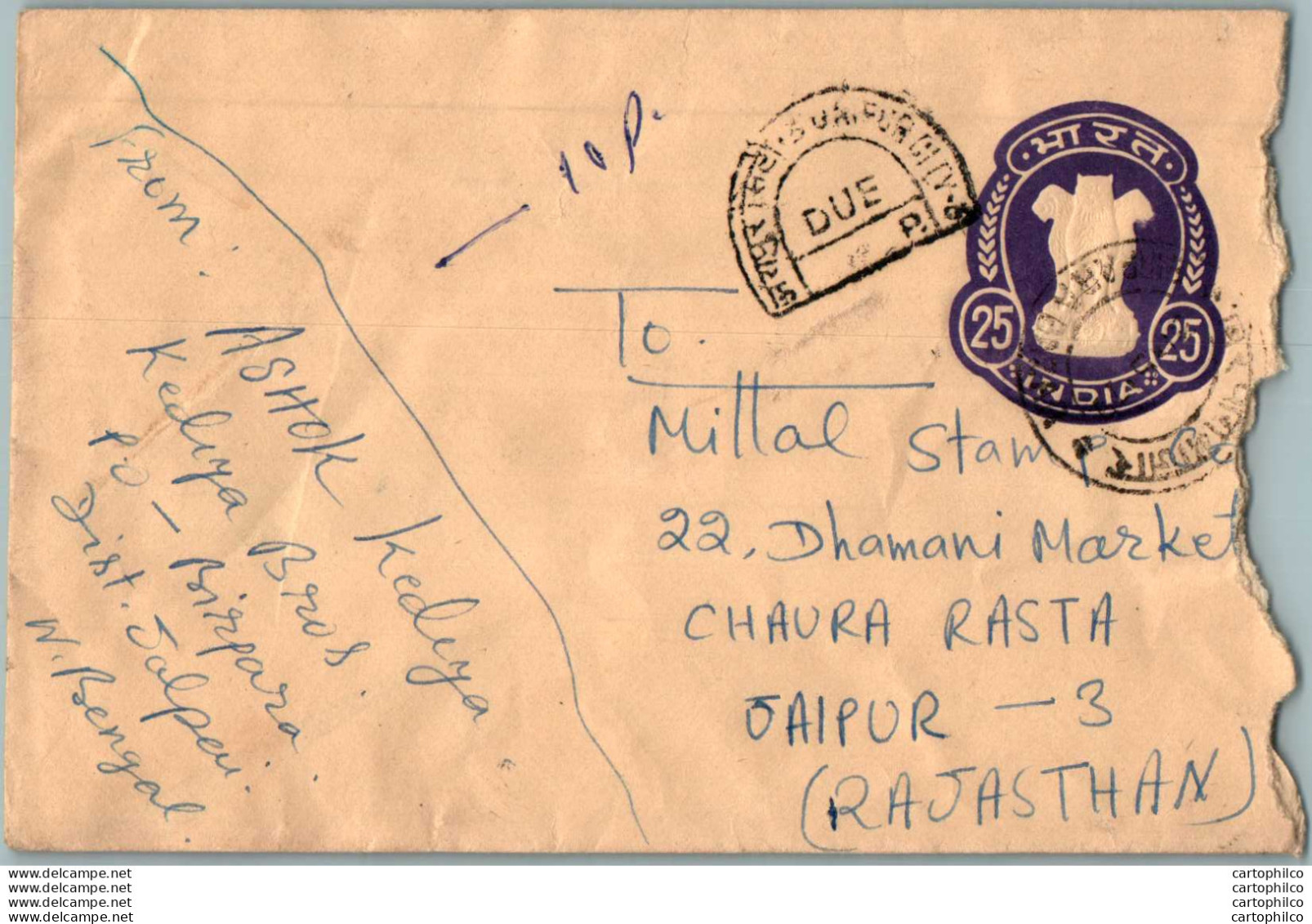 India Postal Stationery Ashoka Tiger 25 To Jaipur - Postkaarten