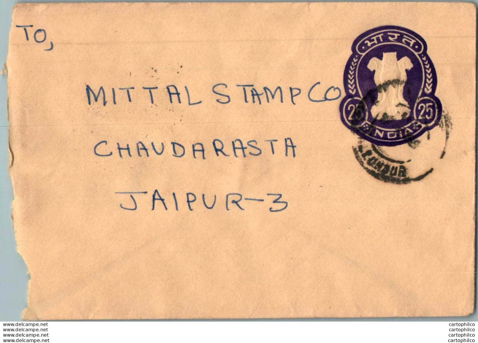 India Postal Stationery Ashoka Tiger 25 To Jaipur - Ansichtskarten