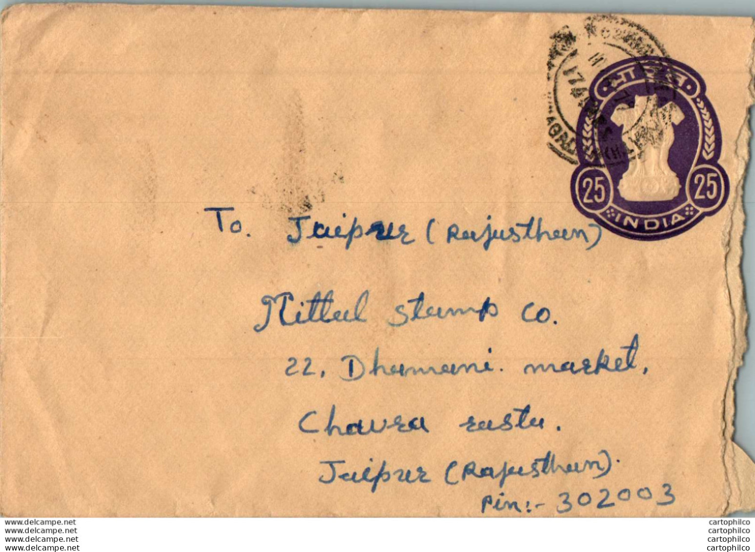 India Postal Stationery Ashoka Tiger 25 To Jaipur - Cartoline Postali