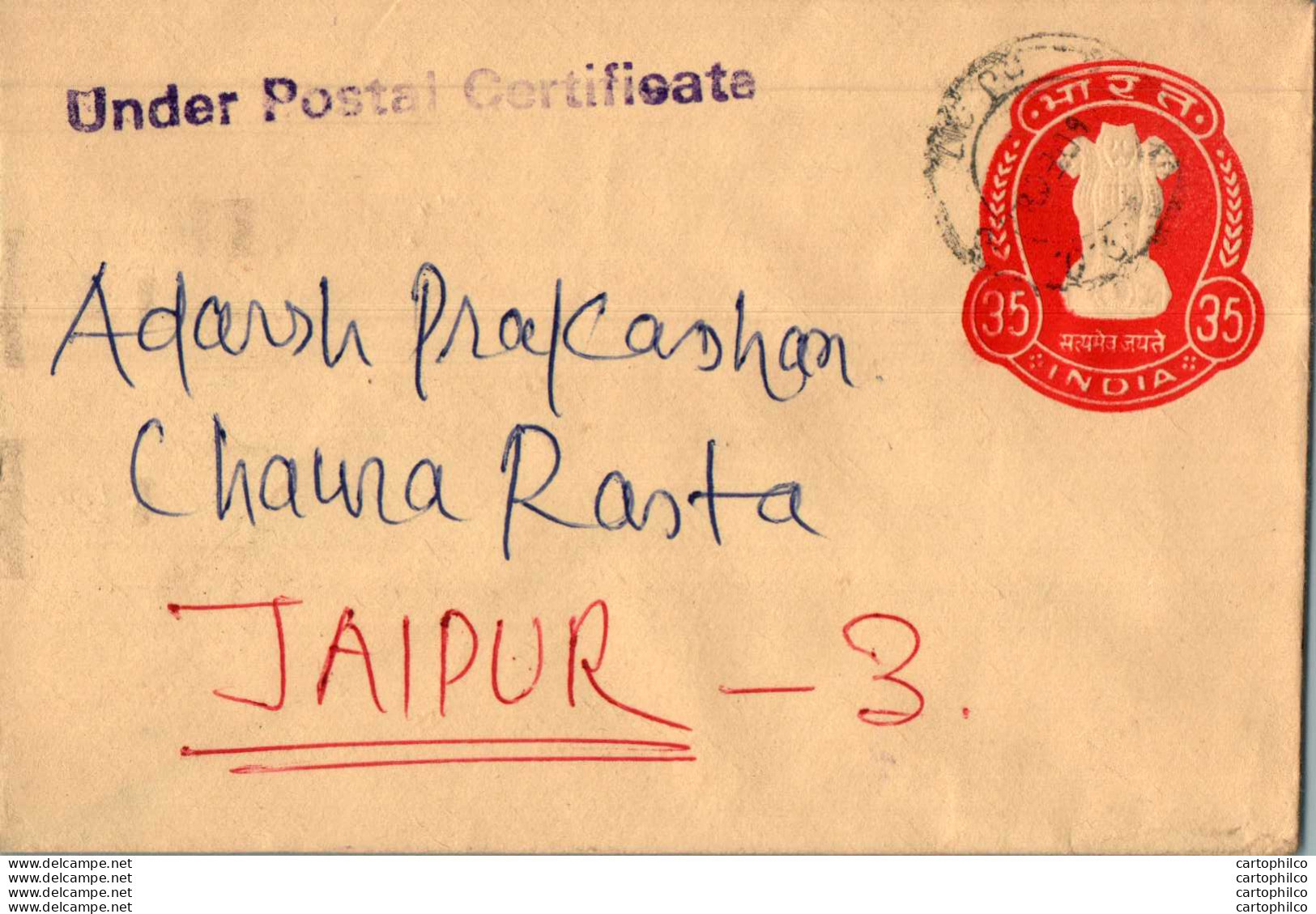 India Postal Stationery Ashoka Tiger 35 To Jaipur - Postkaarten