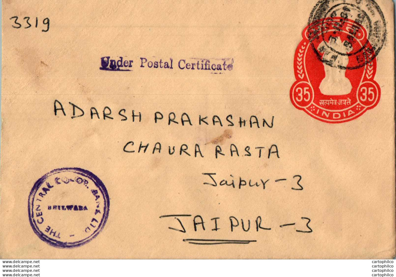 India Postal Stationery Ashoka Tiger 35 To Jaipur - Cartes Postales