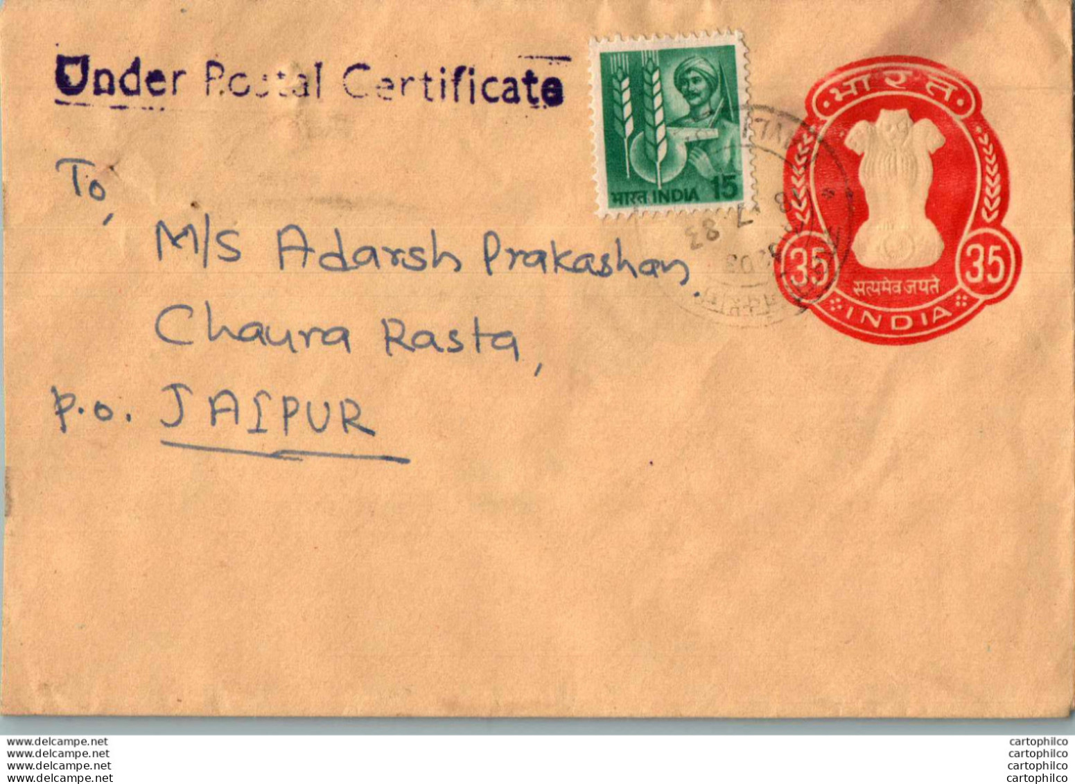 India Postal Stationery Ashoka Tiger 35 To Jaipur - Cartoline Postali