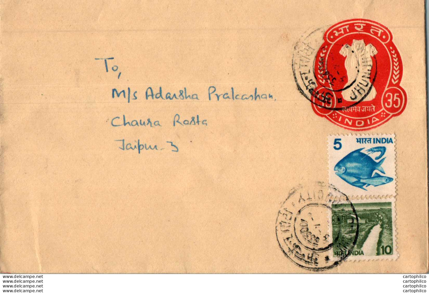 India Postal Stationery Ashoka Tiger 35 To Jaipur Fish Jhunjhunu Cds - Postkaarten