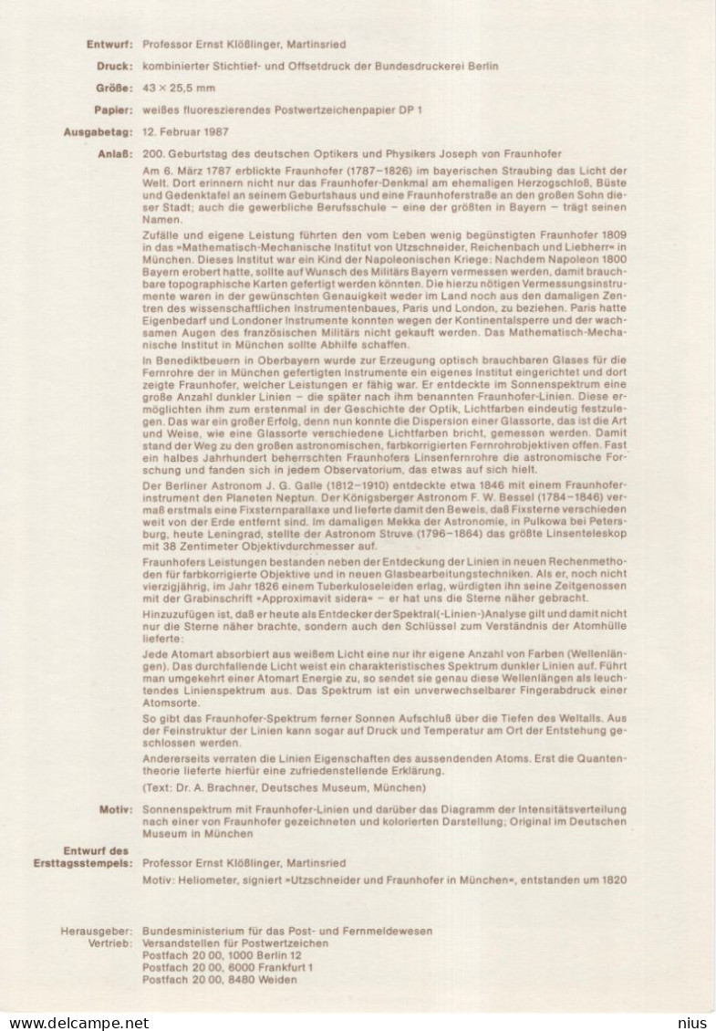 Germany Deutschland 1987-7 Joseph Von Fraunhofer, German Physicist, Optical Lens Manufacturer, Canceled In Bonn - 1981-1990