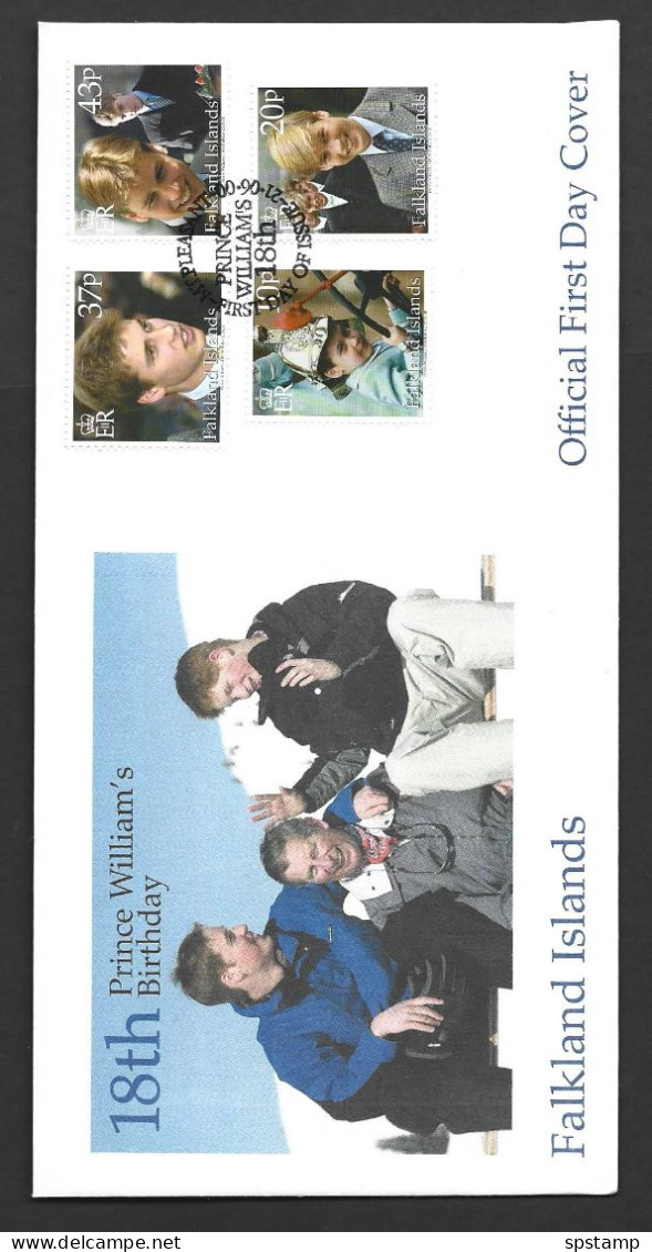 Falkland Islands 2000 Prince William 18th Birthday Set Of 4 On Illustrated FDC Official Unaddressed - Falkland Islands