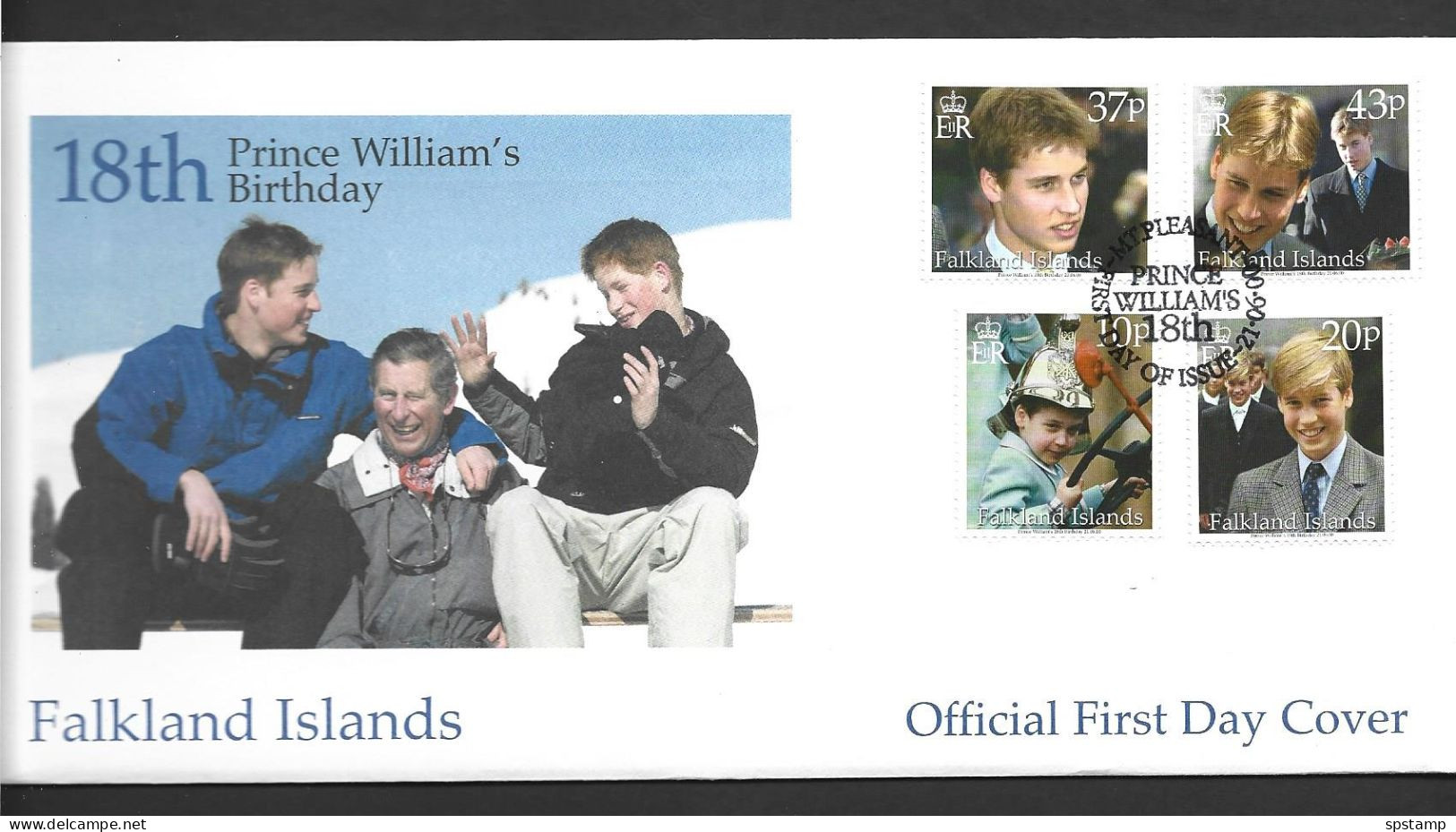 Falkland Islands 2000 Prince William 18th Birthday Set Of 4 On Illustrated FDC Official Unaddressed - Falkland Islands